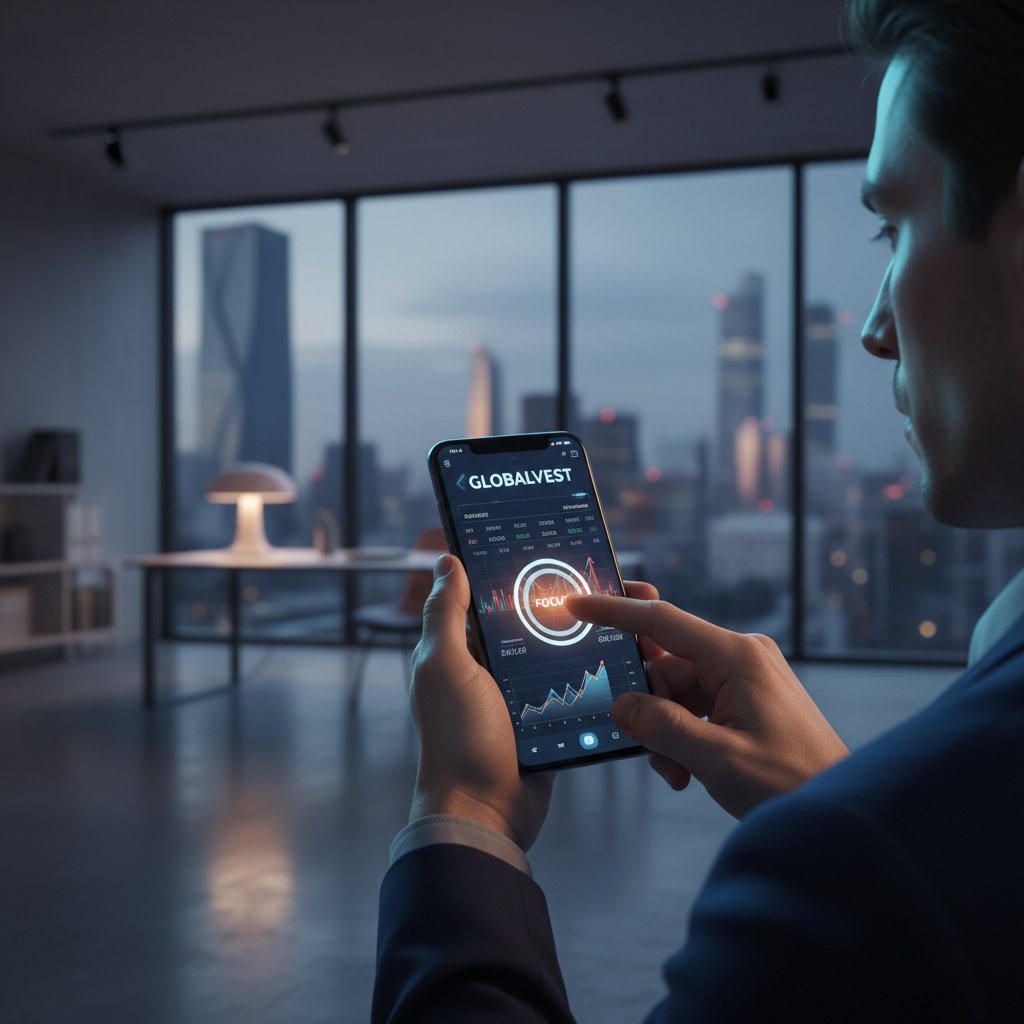 Osoba z telefonem korzysta z aplikacji finansowej, skupiona mina, nowoczesne wnętrze, poczucie kontroli