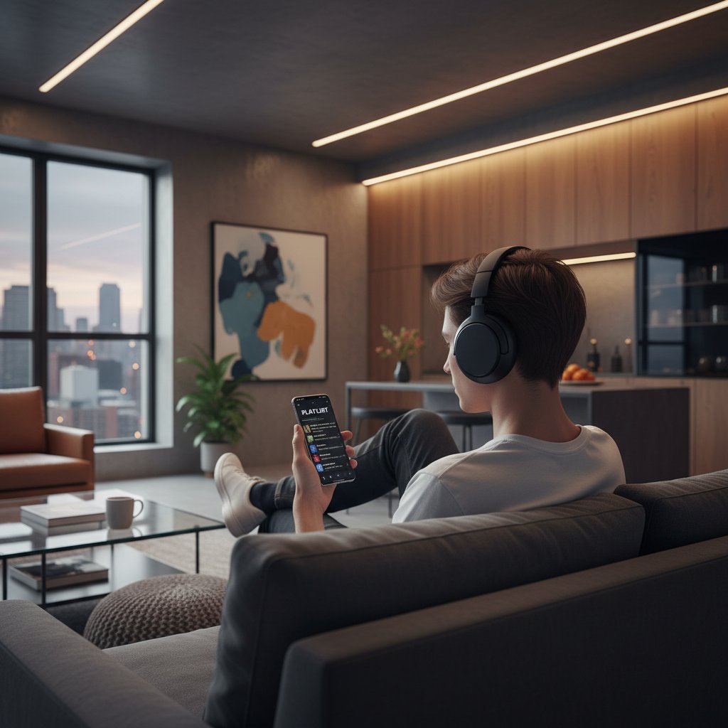 Osoba przeglądająca playlisty na smartfonie, nowoczesne wnętrze, słuchawki
