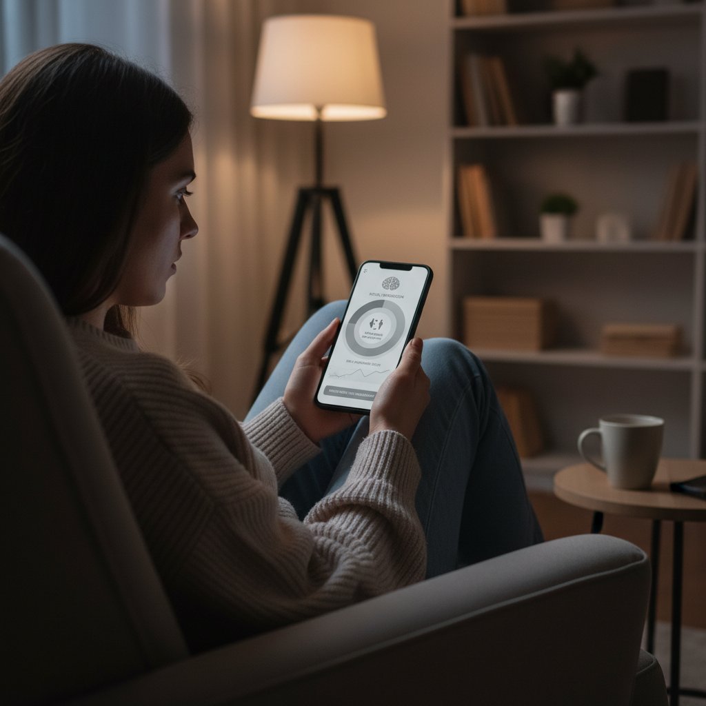 Osoba korzystająca z aplikacji zdrowotnej na smartfonie, symbolizująca wsparcie technologiczne dla osób z AvPD