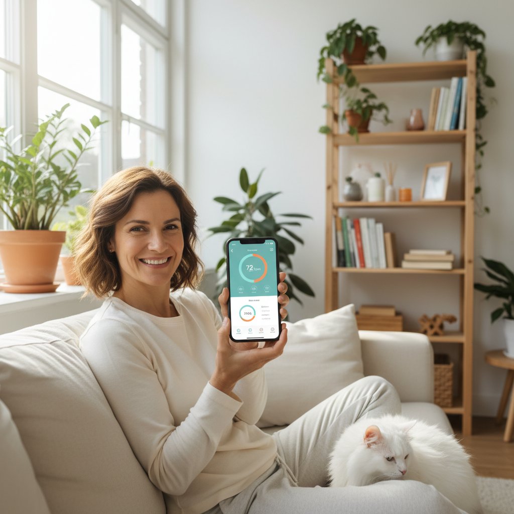 Osoba korzystająca z aplikacji zdrowotnej na smartfonie, skupiona twarz, nowoczesny dom, jasne światło