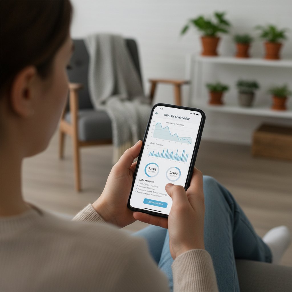 Osoba korzystająca z aplikacji zdrowotnej i analizująca wyniki na smartfonie