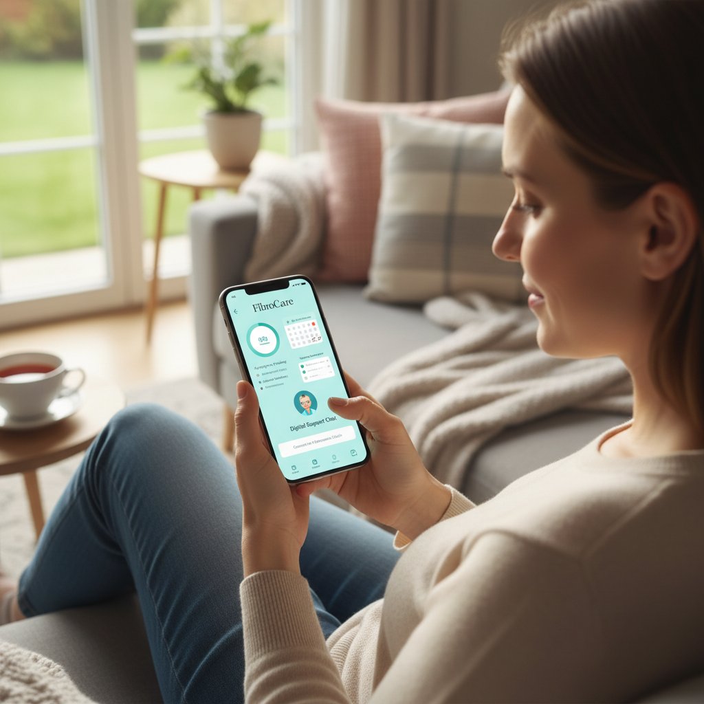 Osoba korzystająca z aplikacji zdrowotnej na smartfonie, cyfrowe wsparcie w fibromialgii