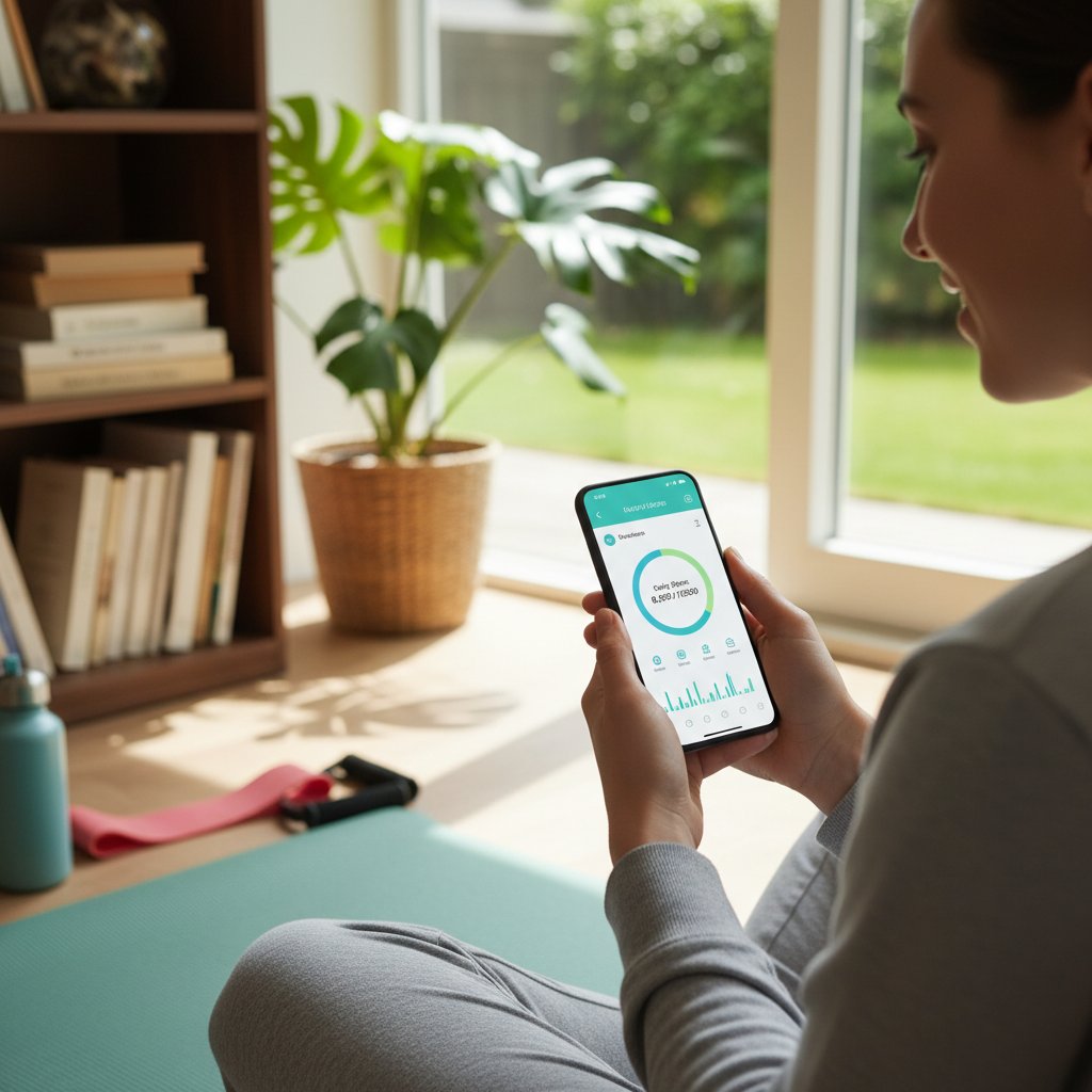 Osoba korzystająca z aplikacji medycznej na smartfonie w domowym, przyjaznym otoczeniu; klimat: dostępność, temat: wirtualny asystent zdrowotny