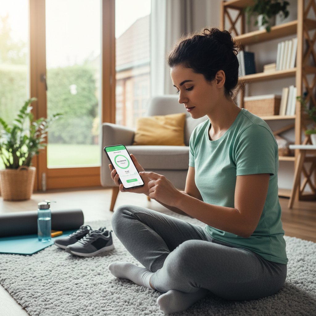 Osoba korzystająca z aplikacji zdrowotnej na smartfonie, wyraz skupienia, wygodne wnętrze domu