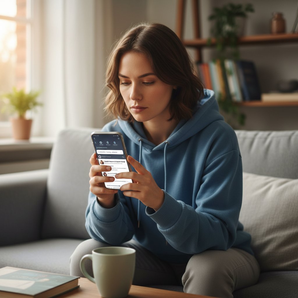 Osoba przeglądająca różne aplikacje i fora o symptomach na smartfonie