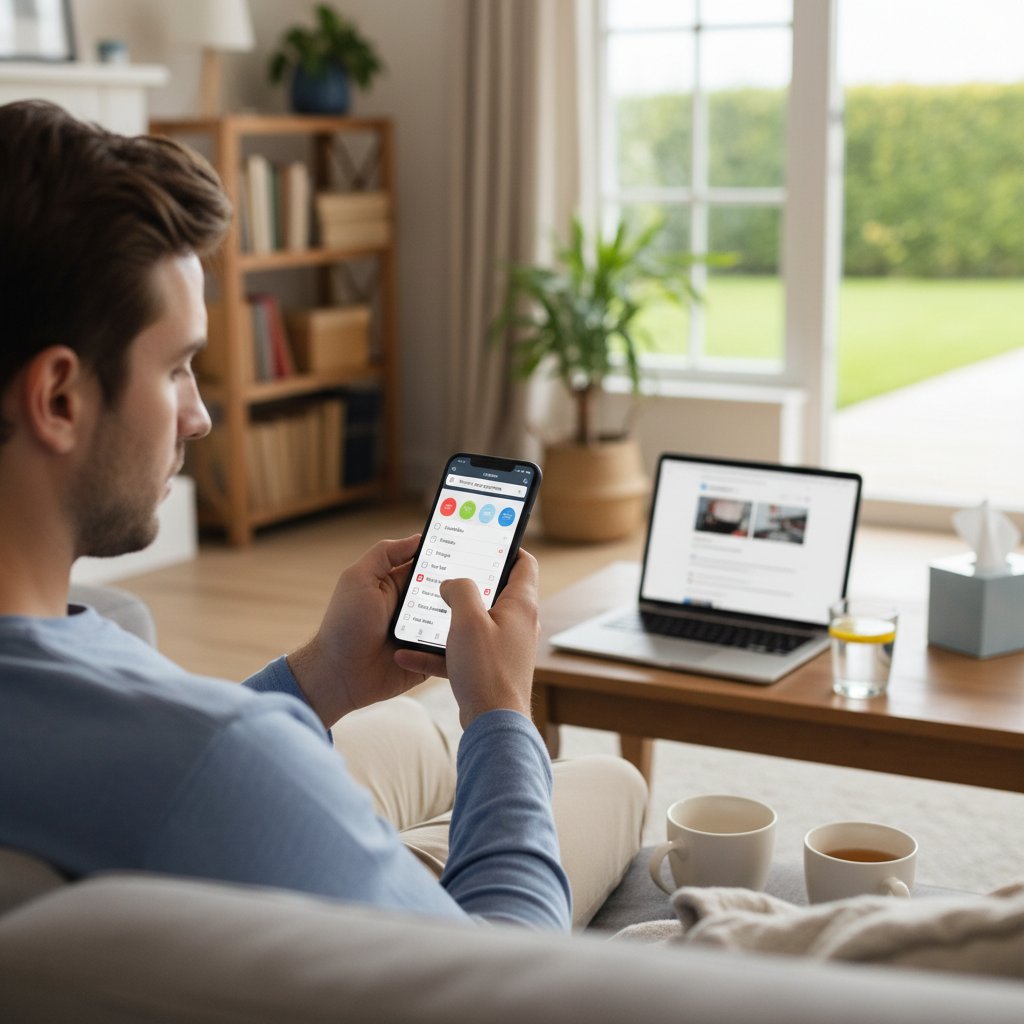 Osoba korzystająca ze smartfona i analizująca objawy zdrowotne w domowym otoczeniu