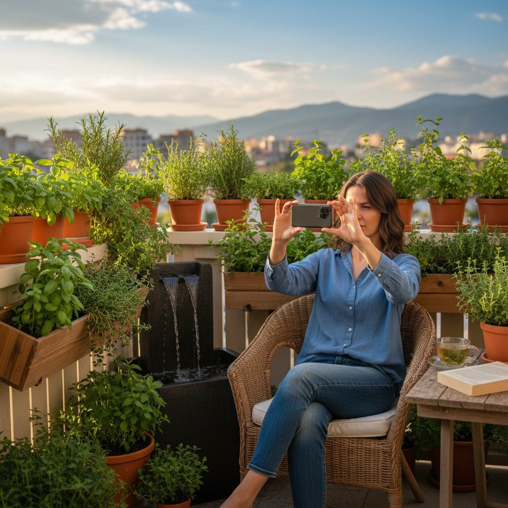 Młoda osoba korzystająca z aplikacji ogrodniczej na smartfonie obok donic ziołowych