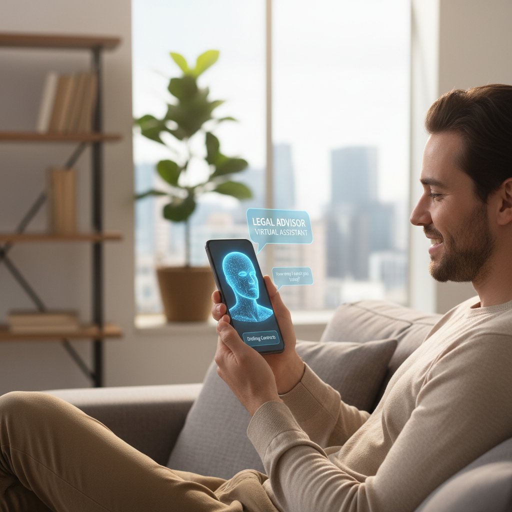 Zdjęcie osoby korzystającej z aplikacji wirtualnego asystenta na smartfonie, ekran z poradą prawną