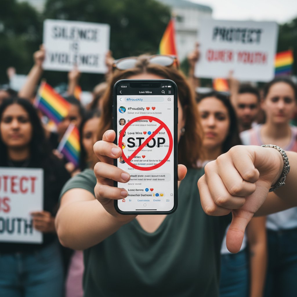 Młoda osoba trzymająca smartfon, ekran z postem wsparcia LGBT, mieszane emocje