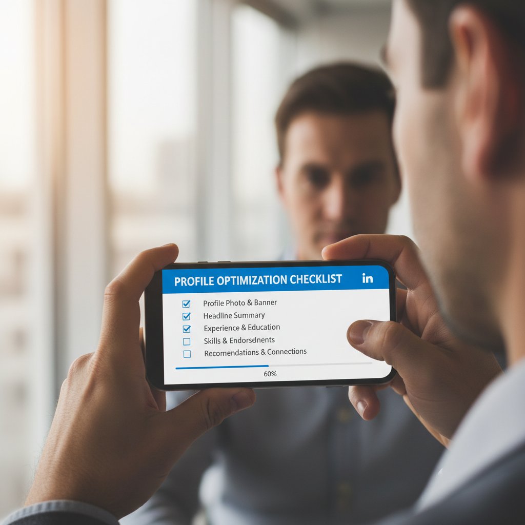 Osoba sprawdza checklistę LinkedIn na smartfonie, optymalizacja profilu