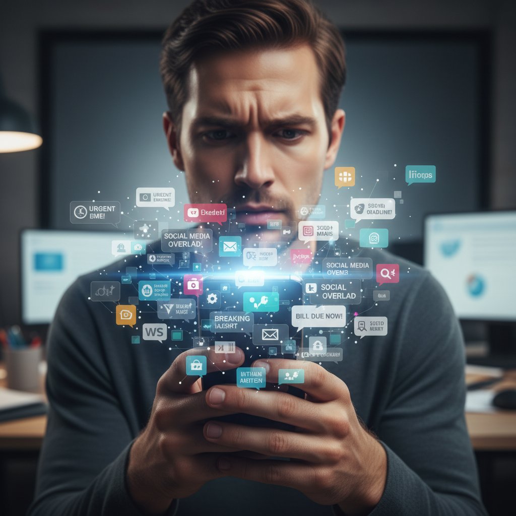 Osoba przeglądająca smartfon z dziesiątkami powiadomień, stres i presja czasu