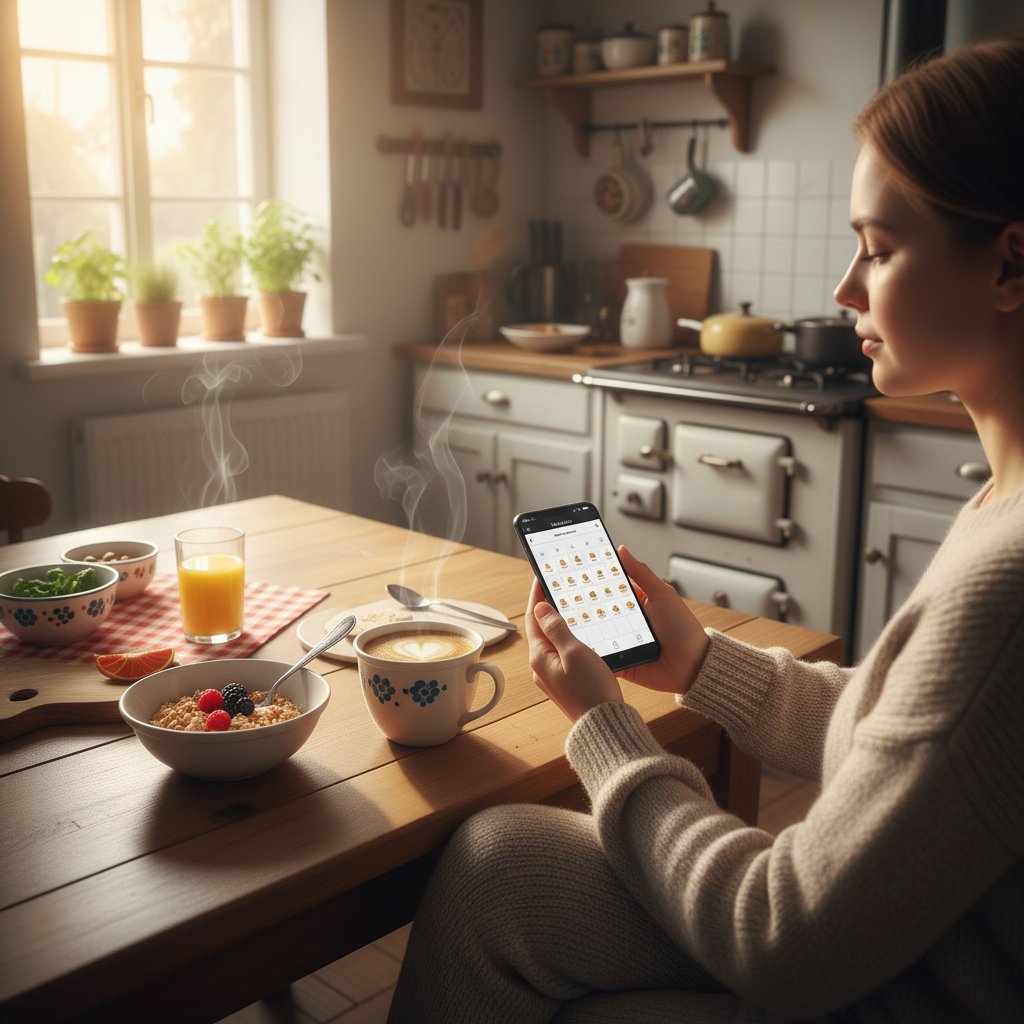 Osoba planująca jadłospis tygodniowy na smartfonie, kubek kawy na stole, poranne światło