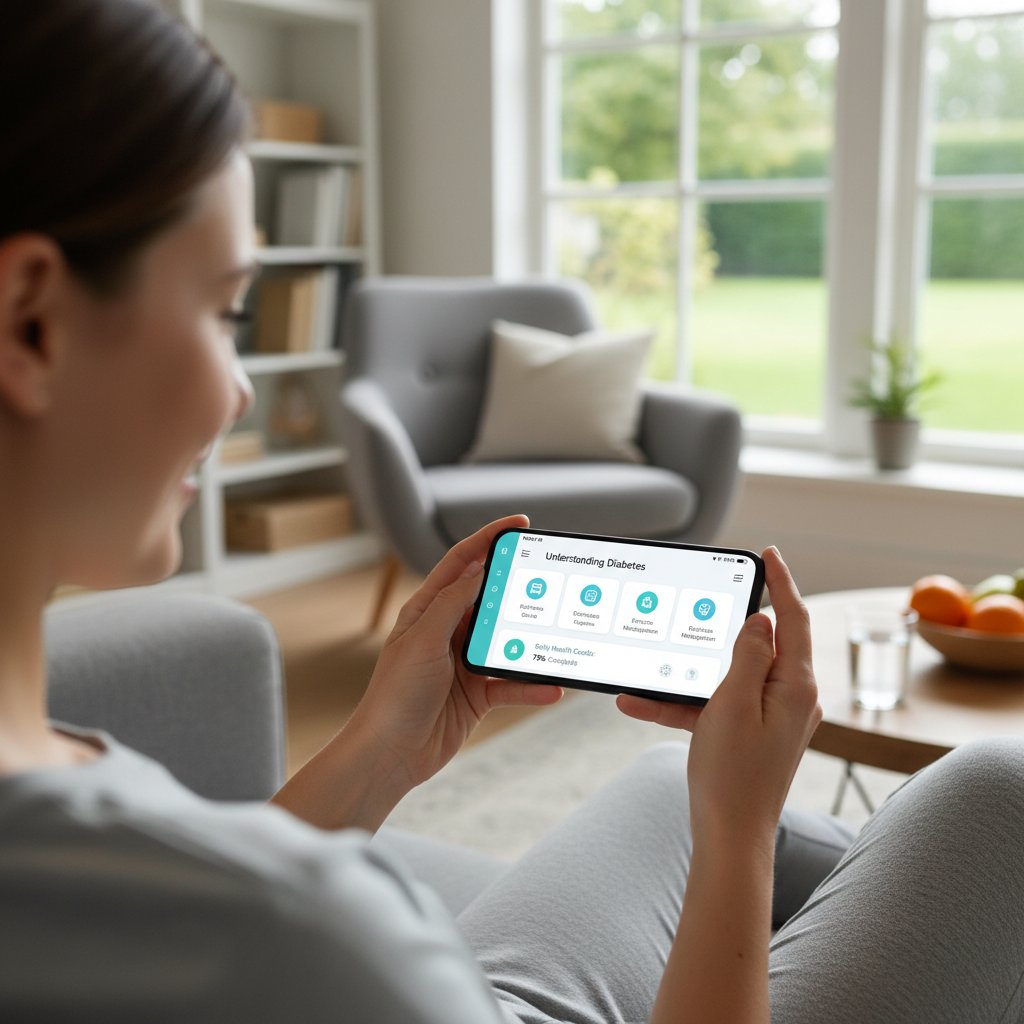 Osoba korzystająca ze smartfona, aplikacja medyczna na ekranie, spokojna atmosfera, słowa kluczowe: medyk.ai, edukacja zdrowotna, nowoczesna technologia