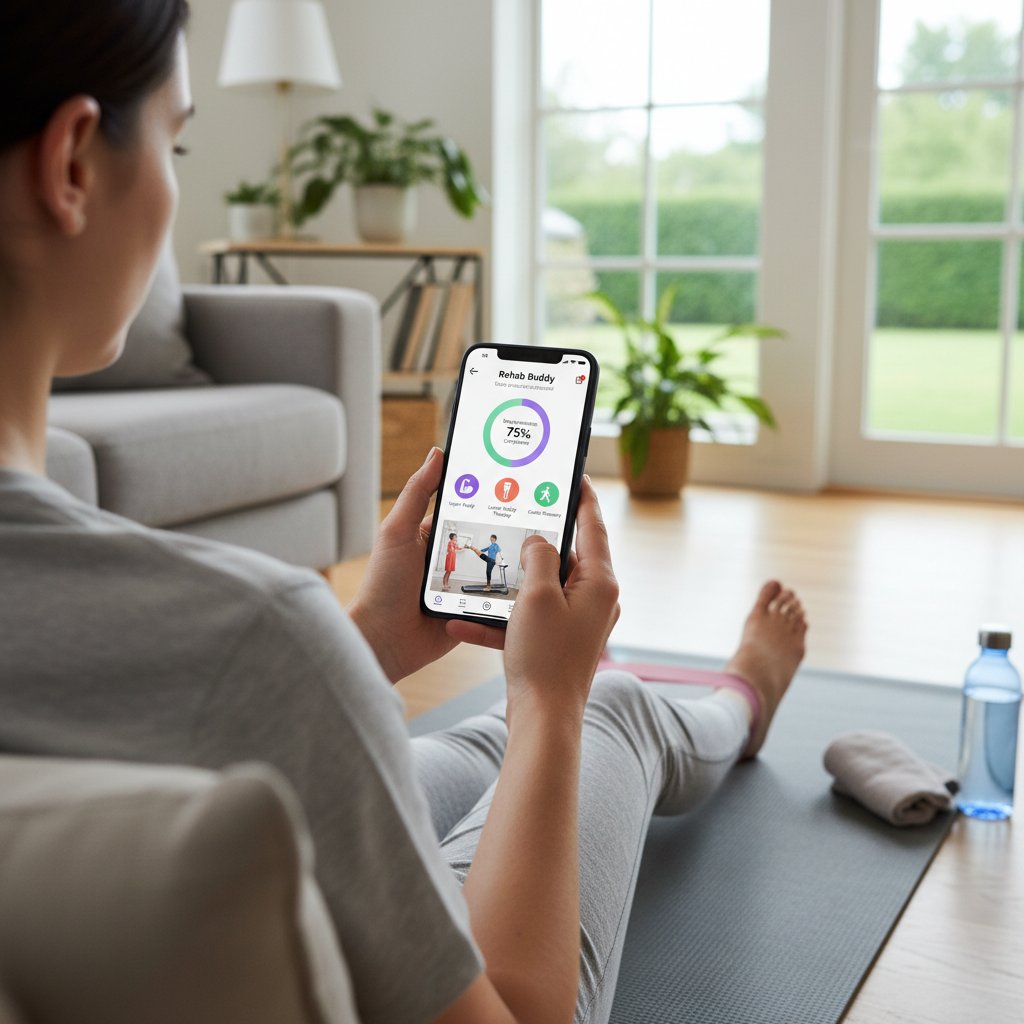 Osoba korzystająca z aplikacji medycznej na smartfonie, siedząca w domu, w tle rehabilitacja