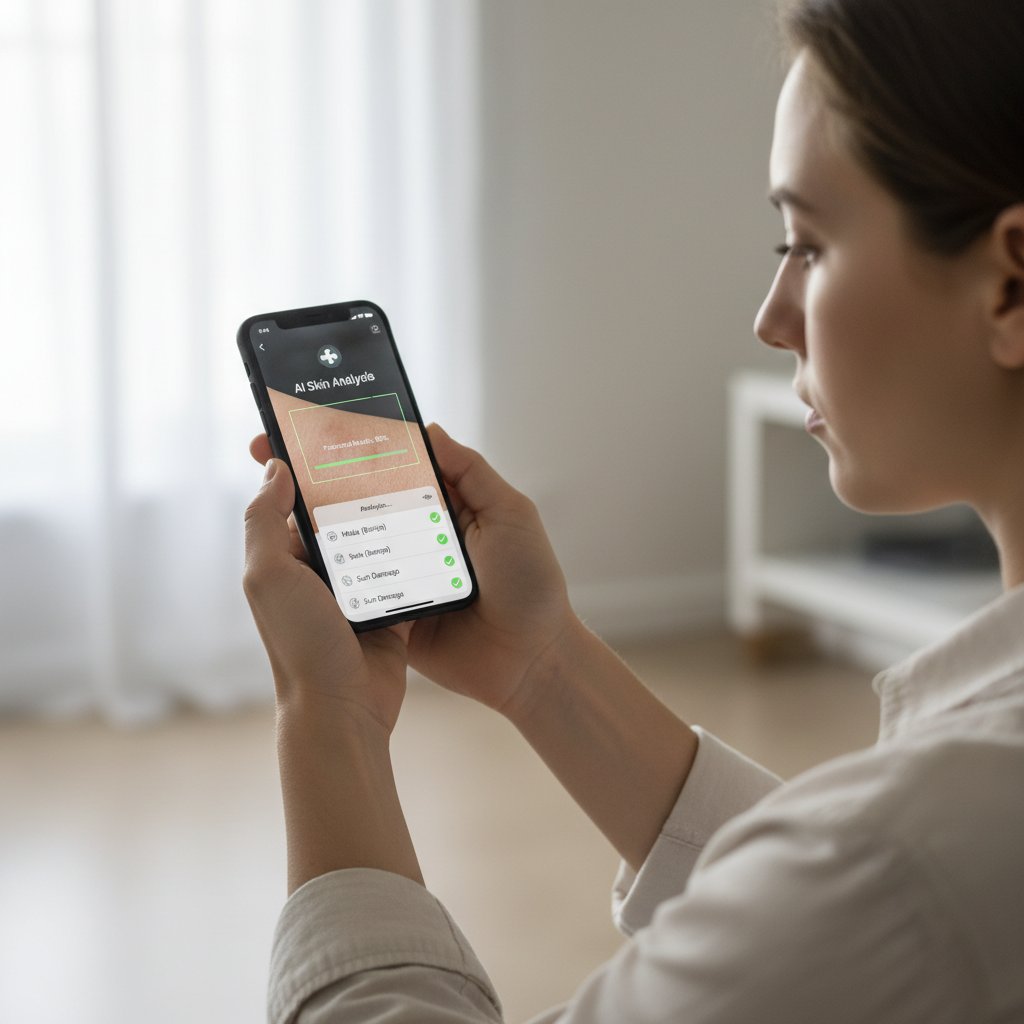 Zdjęcie osoby korzystającej ze smartfona z aplikacją medyczną analizującą zdjęcie zmiany skórnej