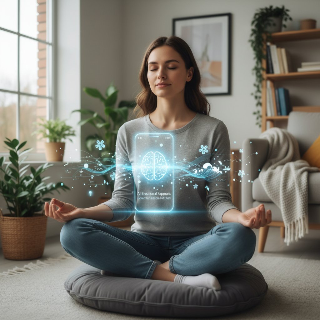 Osoba korzystająca z aplikacji AI na smartfonie podczas sesji medytacji – wsparcie emocjonalne shutdown