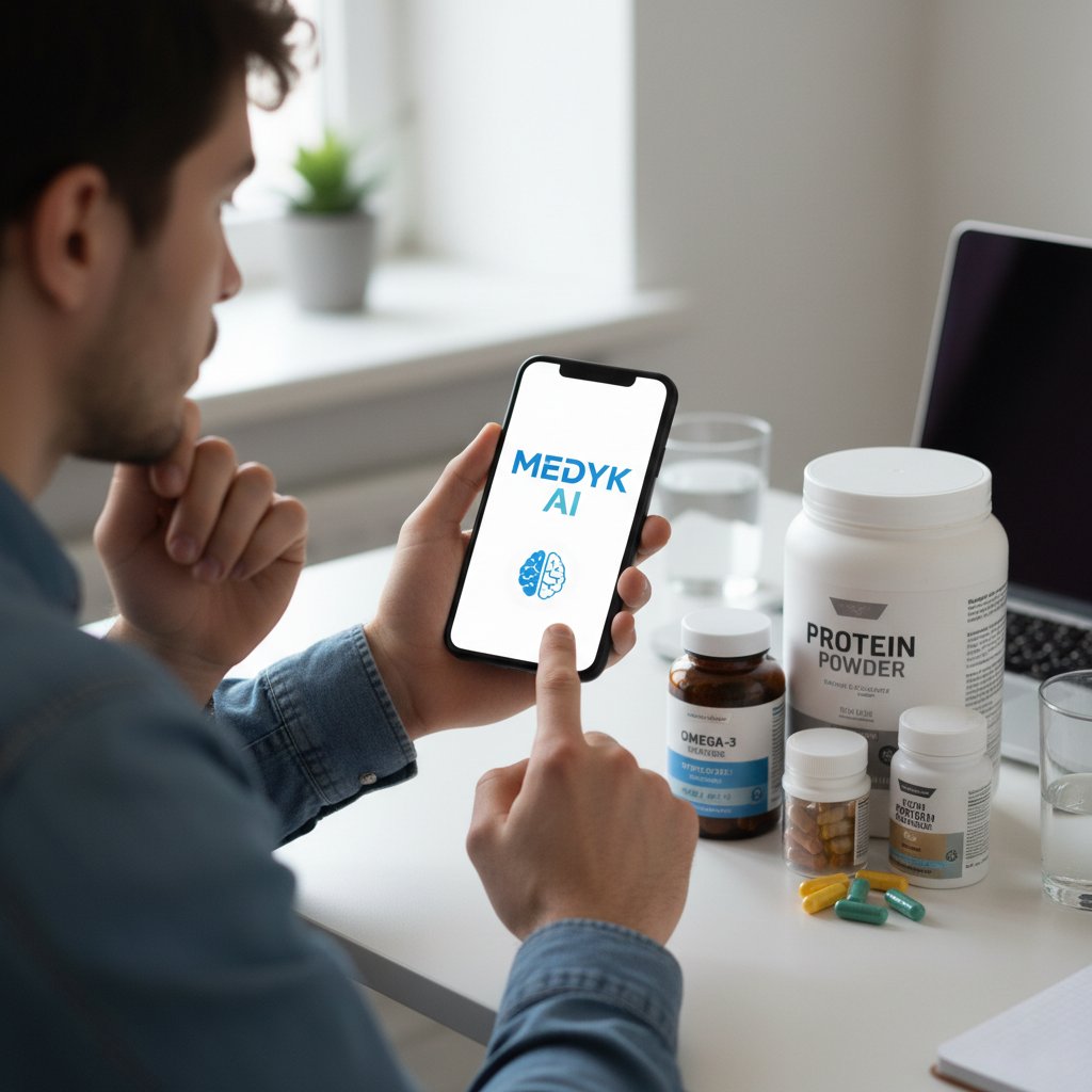 Osoba korzystająca z aplikacji medyk.ai na smartfonie, przeglądająca informacje o suplementach