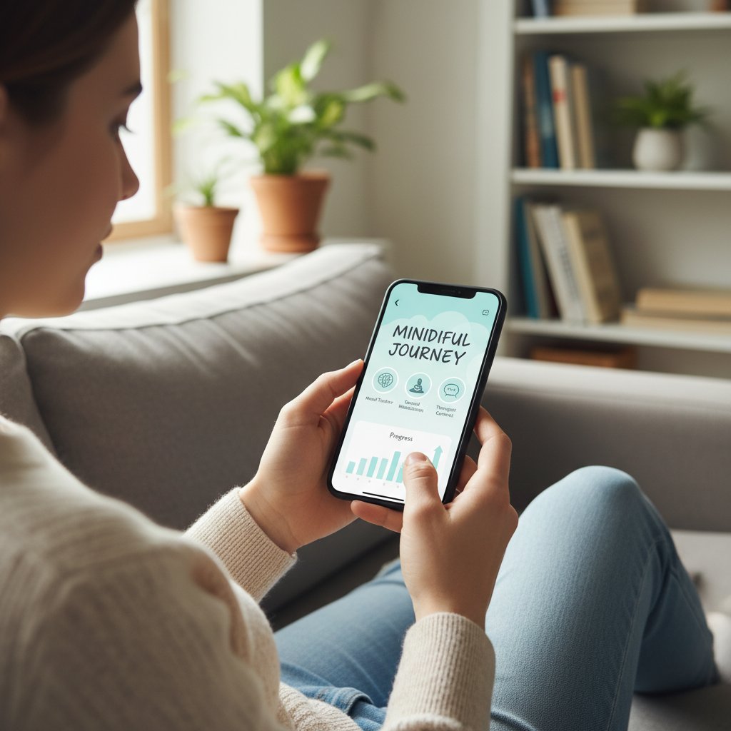 Osoba korzystająca z aplikacji wsparcia psychicznego na smartfonie, symbolizująca nowe technologie w radzeniu sobie z kryzysem