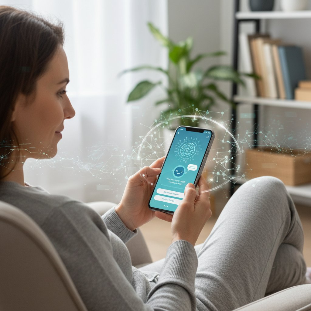 Osoba korzystająca z aplikacji mobilnej psychologicznej na smartfonie, symbol nowoczesnych technologii wsparcia