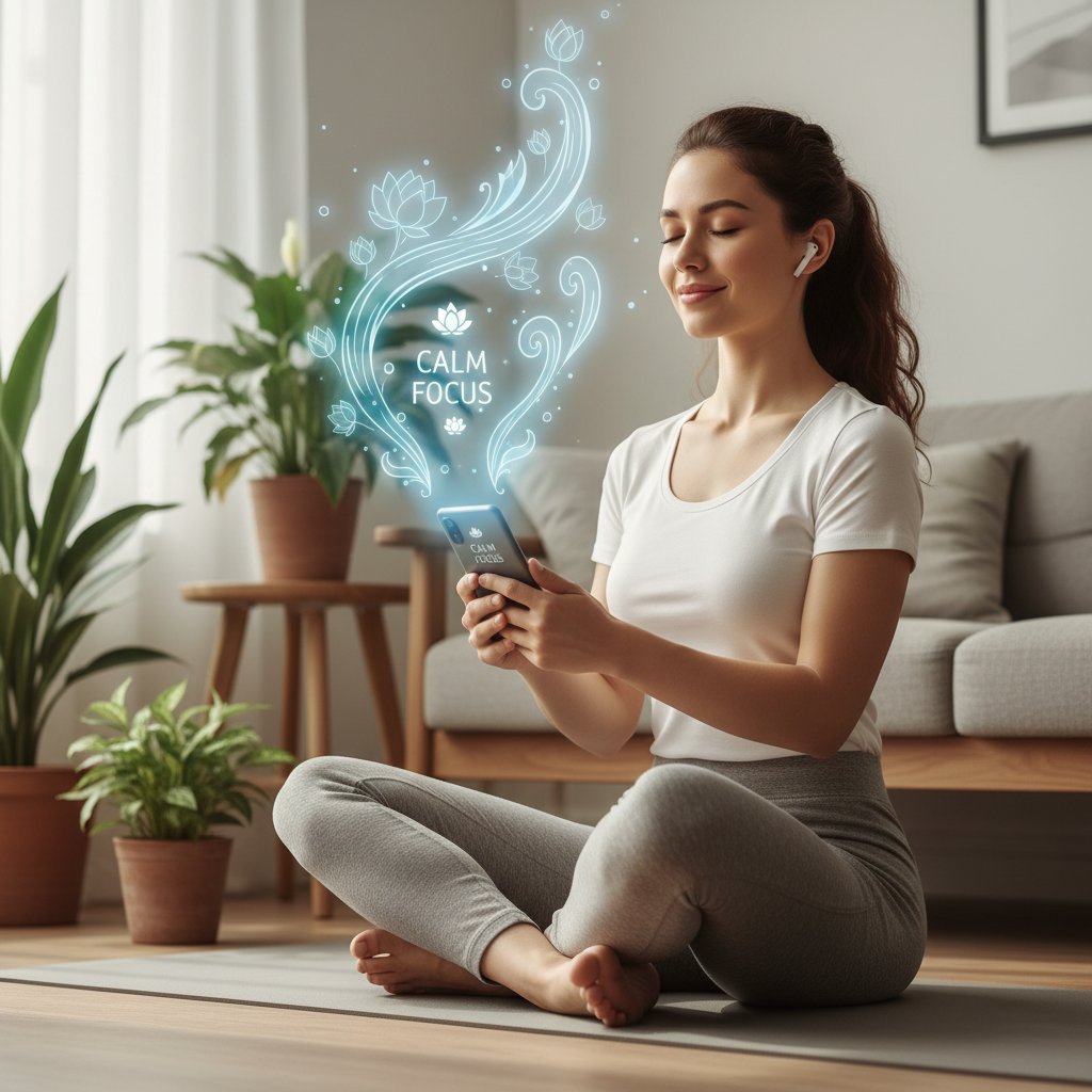 Osoba korzystająca z aplikacji mindfulness na smartfonie w domowym zaciszu – wsparcie dla zaangażowania