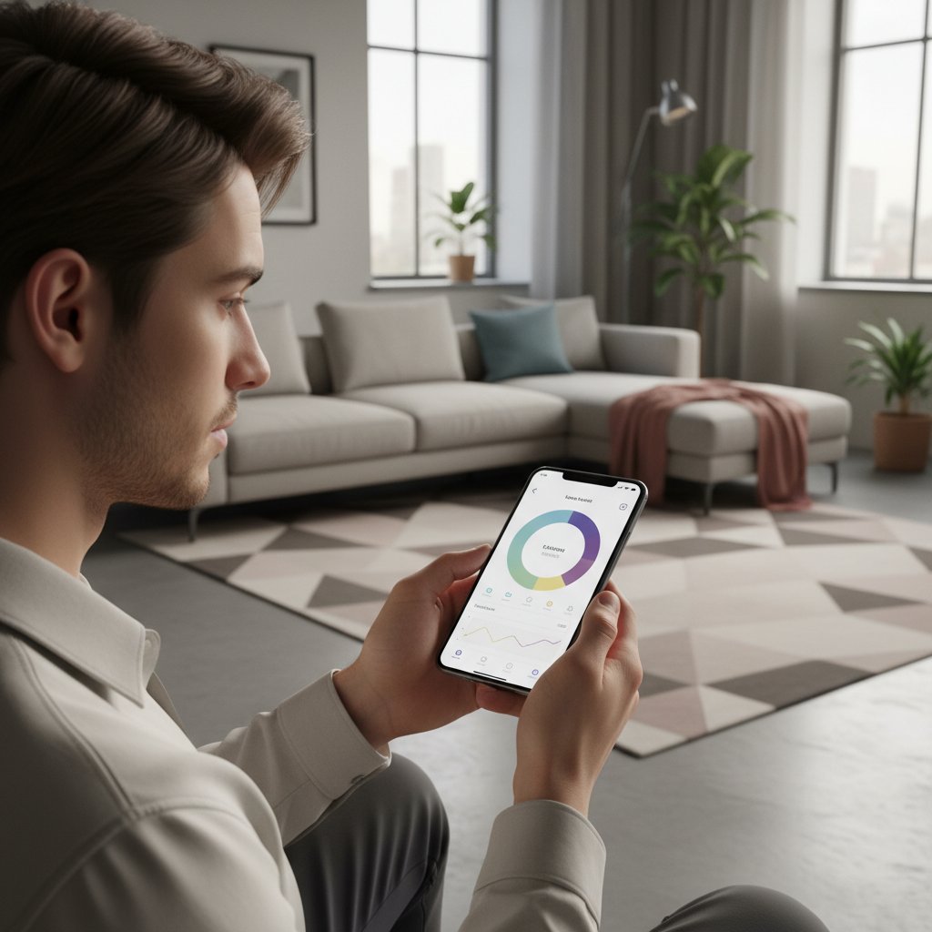 Osoba korzystająca z aplikacji na smartfonie do monitorowania nastroju, nowoczesny design