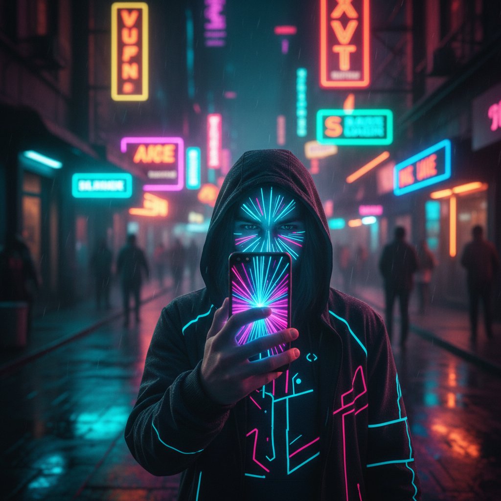 Osoba przeglądająca smartfona w neonowym świetle, symbolizująca ego w social mediach