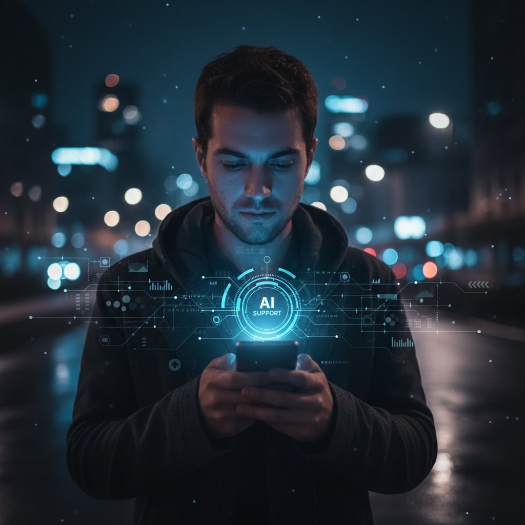 Osoba rozmawiająca z AI na smartfonie, noc, światło monitora – technologia i wsparcie emocjonalne