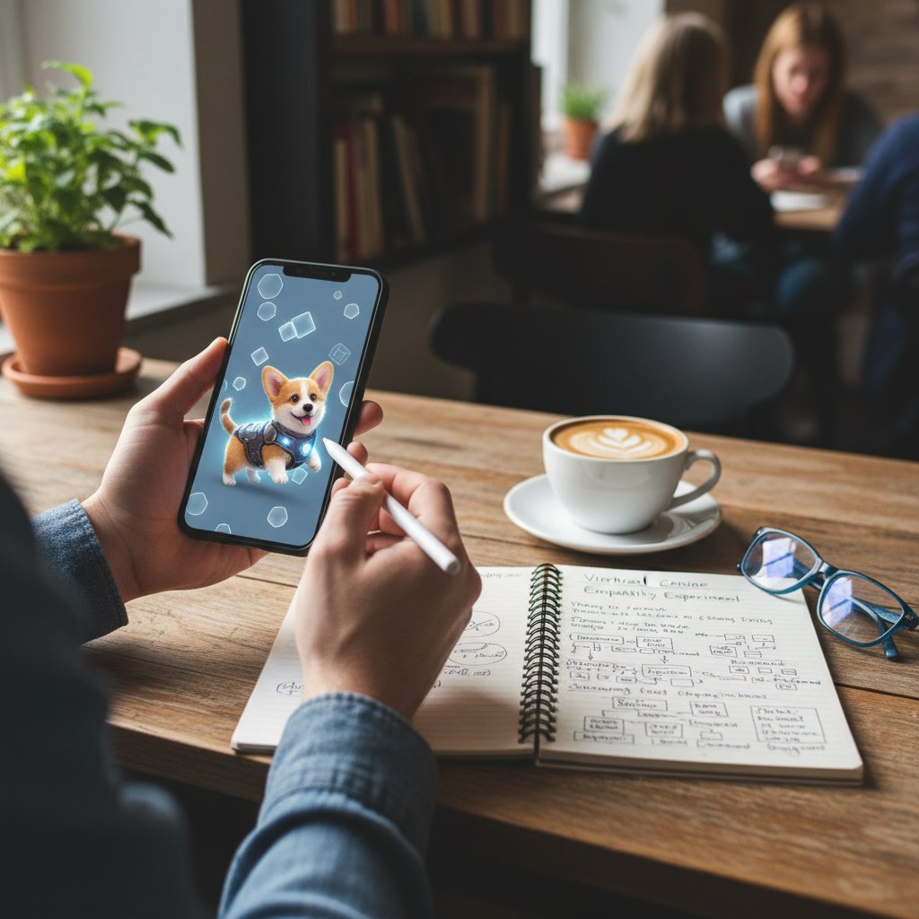 Osoba dokumentująca tydzień z wirtualnym psem: smartfon, notatnik, kubek kawy na stole