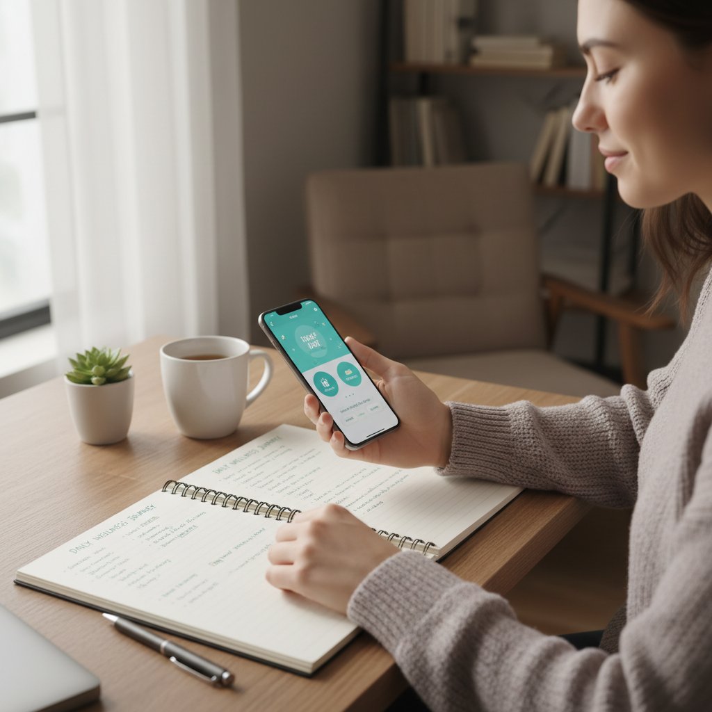 Alltagssituation: Person nutzt Smartphone und Notizbuch, Balance zwischen digitaler und analoger Selbsthilfe