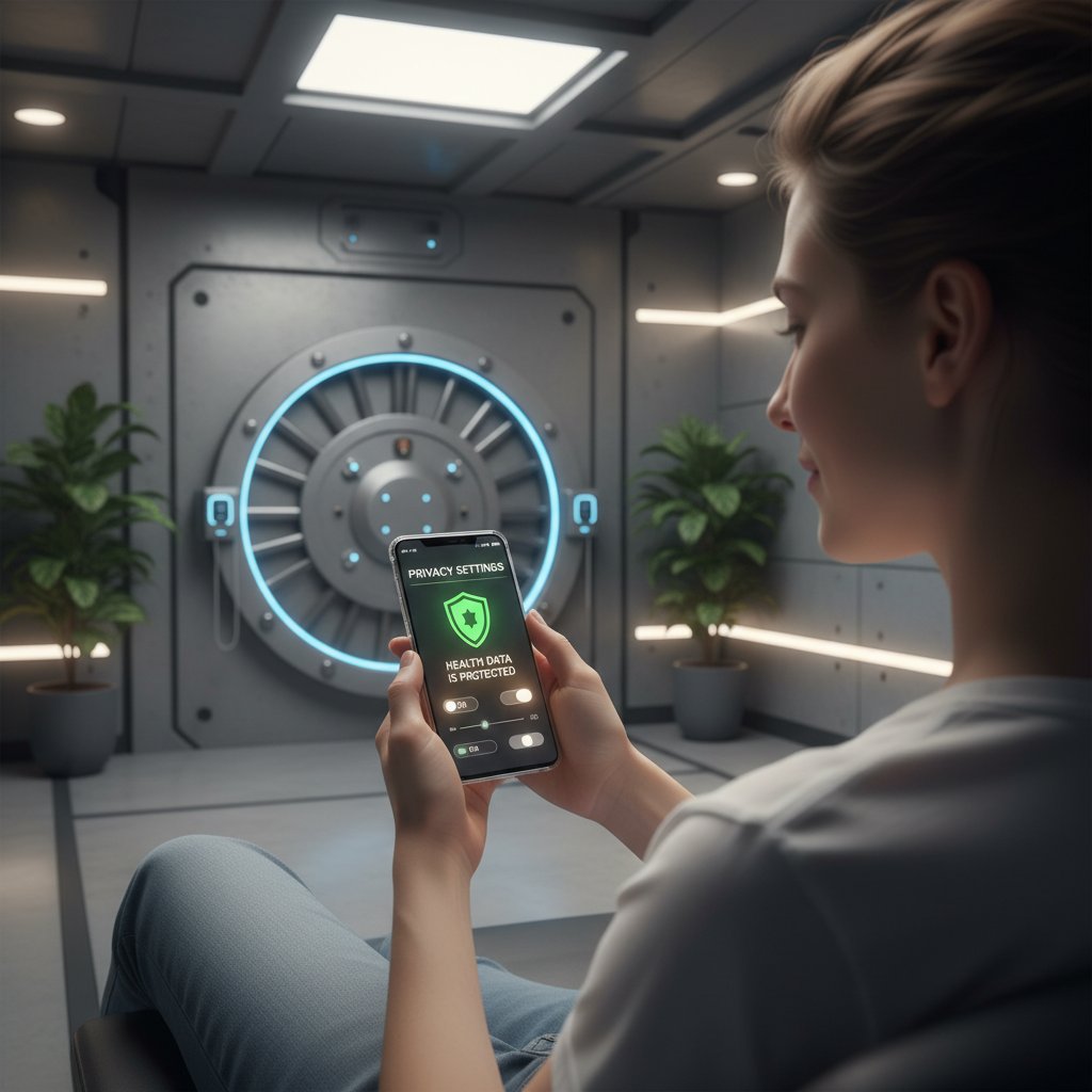 Osoba sprawdza ustawienia prywatności na smartfonie, tło: spokojny pokój, motyw: bezpieczeństwo danych zdrowotnych