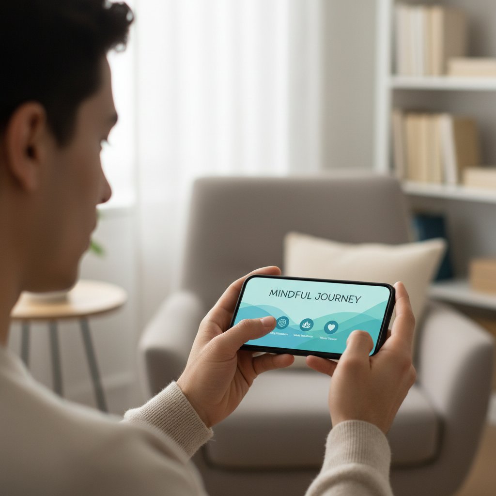 Osoba korzystająca z aplikacji psychologicznej na smartfonie, wyrażająca spokój