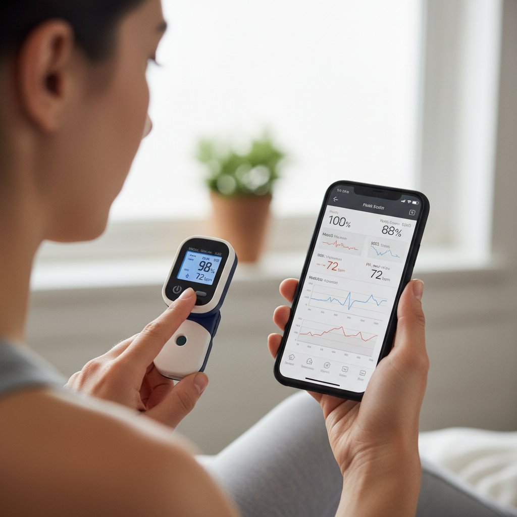 Zdjęcie osoby sprawdzającej poziom saturacji na smartfonie, obok medyczny pulsoksymetr