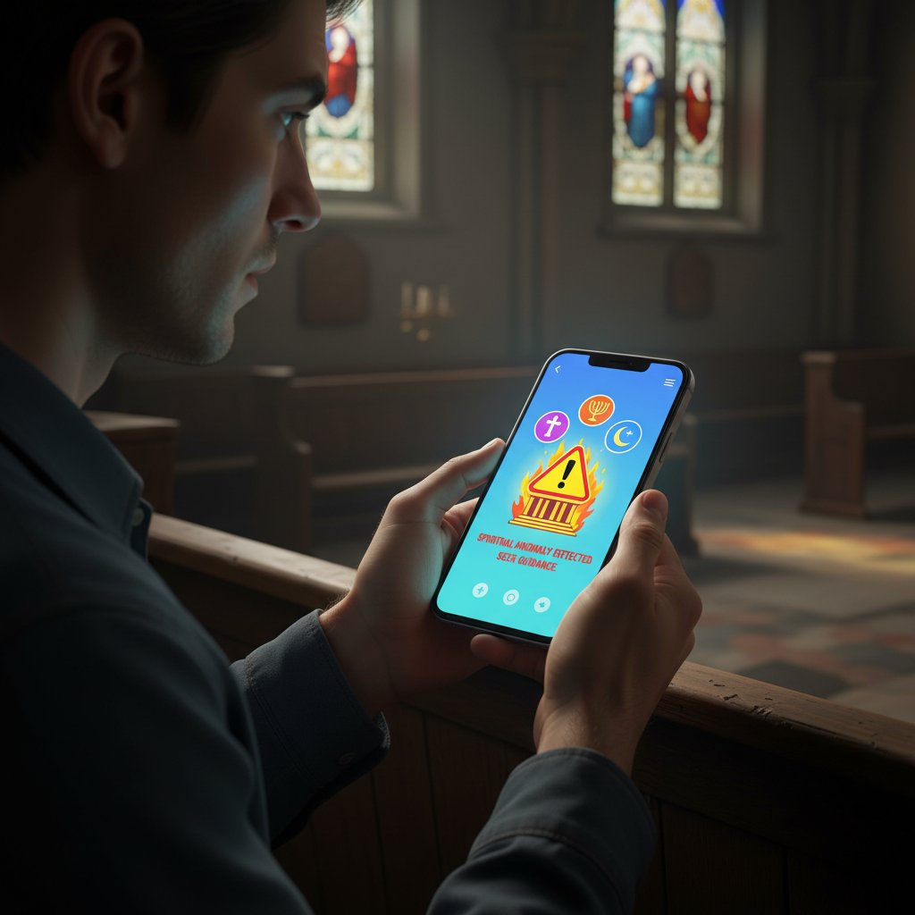 Osoba analizująca aplikację religijną na smartfonie, obok ikony ostrzegawczej