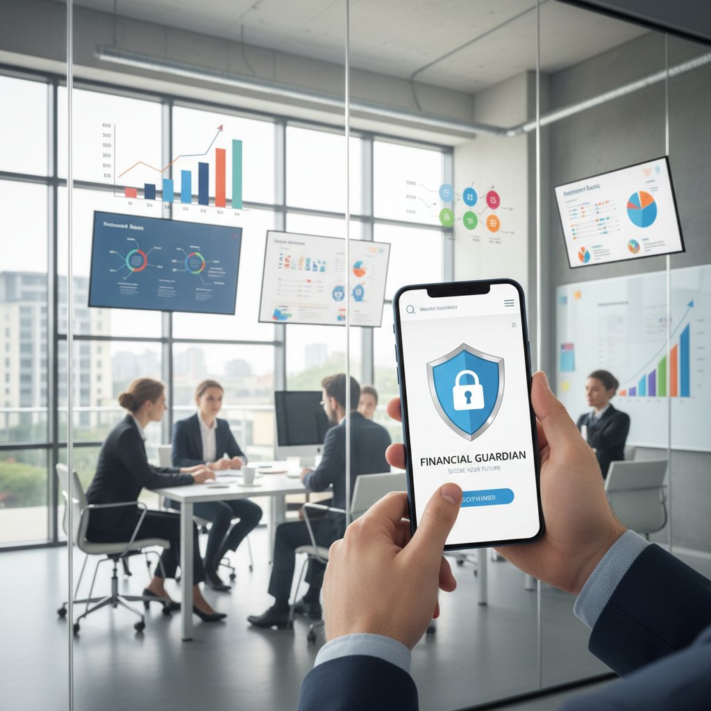 Osoba korzysta z aplikacji zabezpieczającej na smartfonie, w tle biuro, symbol bezpieczeństwa