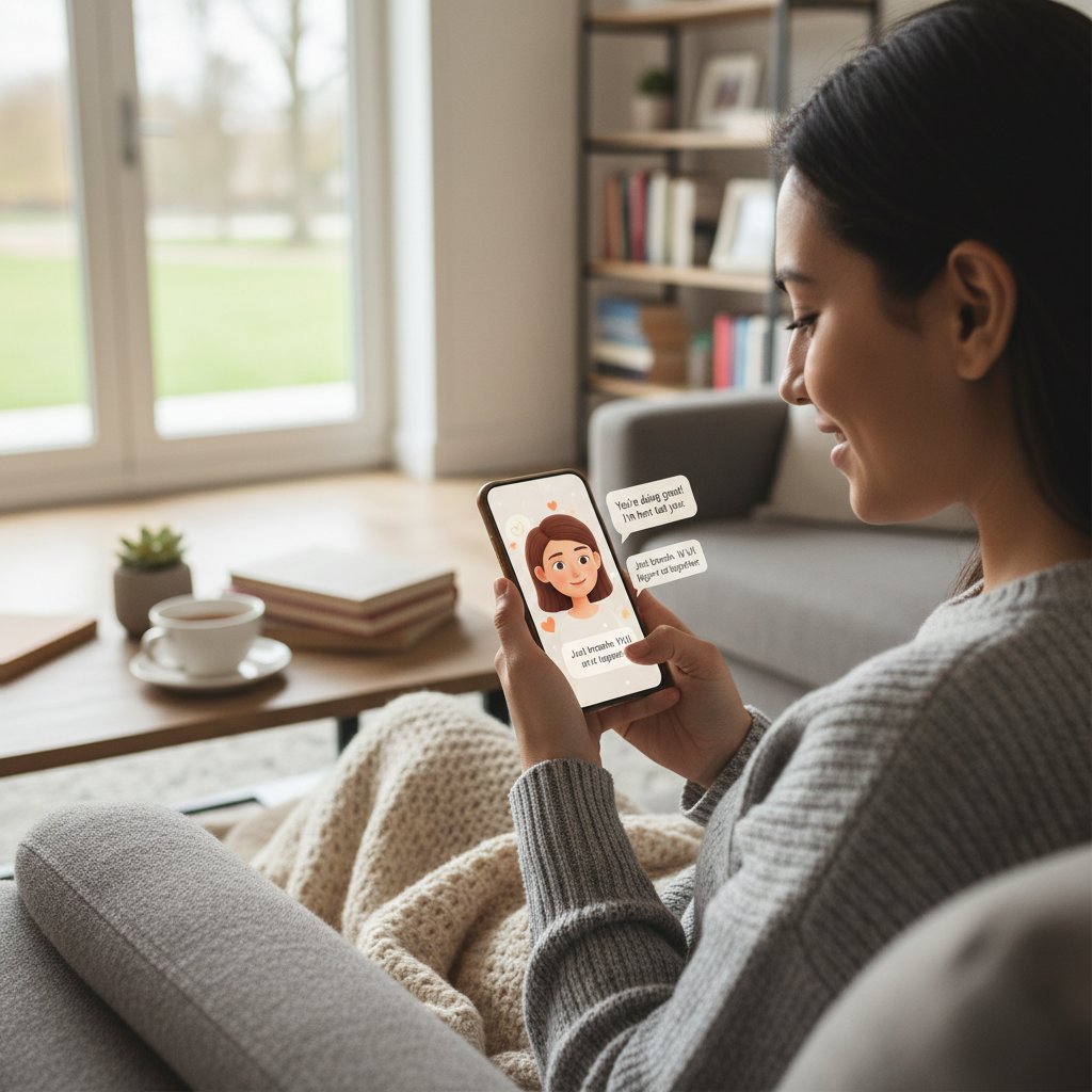 Mensch mit Smartphone lächelt erleichtert – Chat mit KI-Freundin gibt emotionale Bestätigung