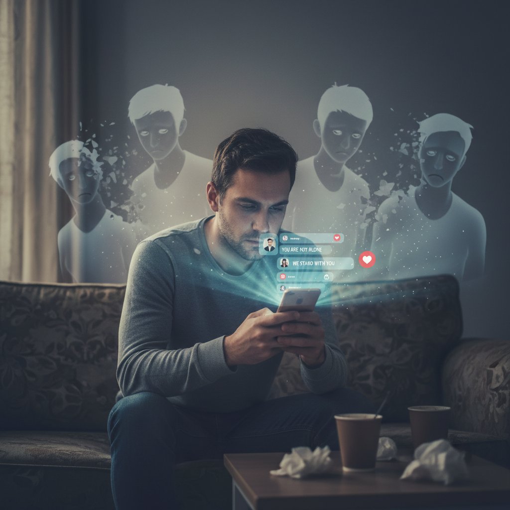 Osoba przeglądająca telefon, widoczne zarówno wsparcie online, jak i negatywne komentarze na ekranie