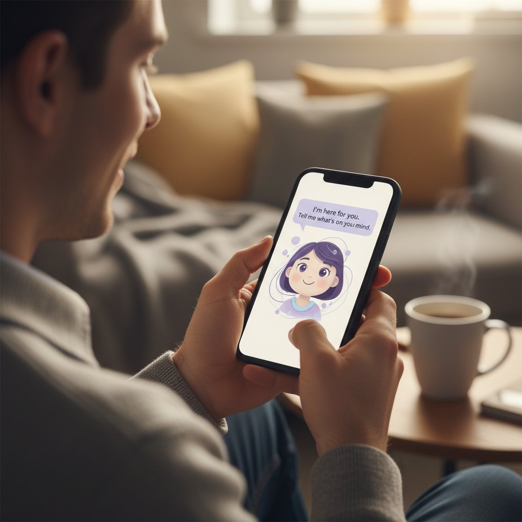 Mensch tippt emotional in ein Smartphone, KI-Avatar erscheint auf Bildschirm