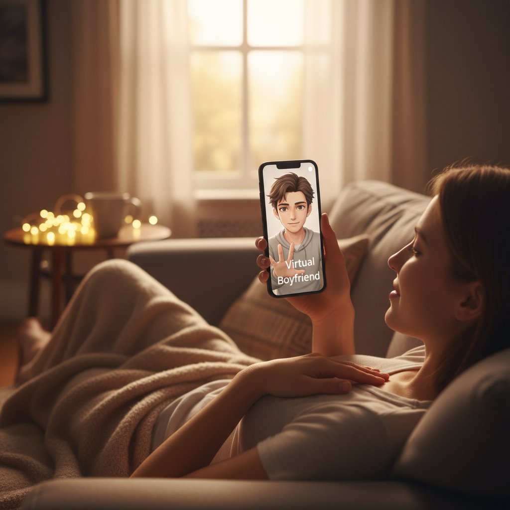 Osoba rozmawiająca z wirtualnym partnerem na smartfonie, atmosfera intymna, słowo kluczowe: wirtualny chłopak, wsparcie, randki online
