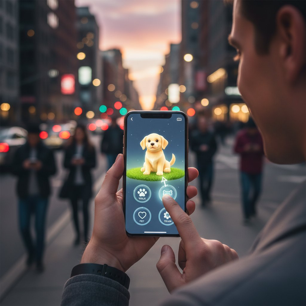 Osoba przeglądająca aplikacje z wirtualnymi psami na smartfonie – decyzja o adopcji