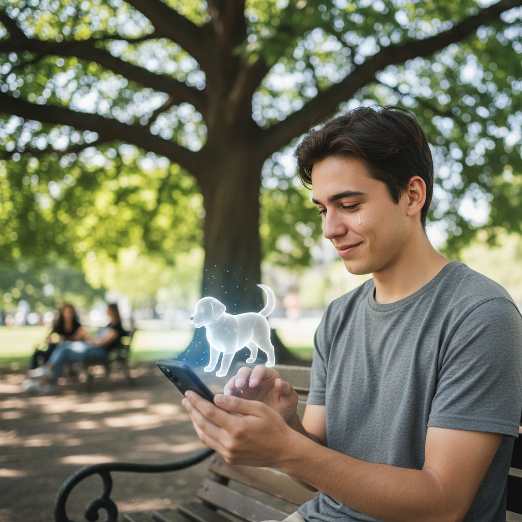 Osoba wpatrzona w ekran smartfona, na którym widnieje wirtualny piesek AI