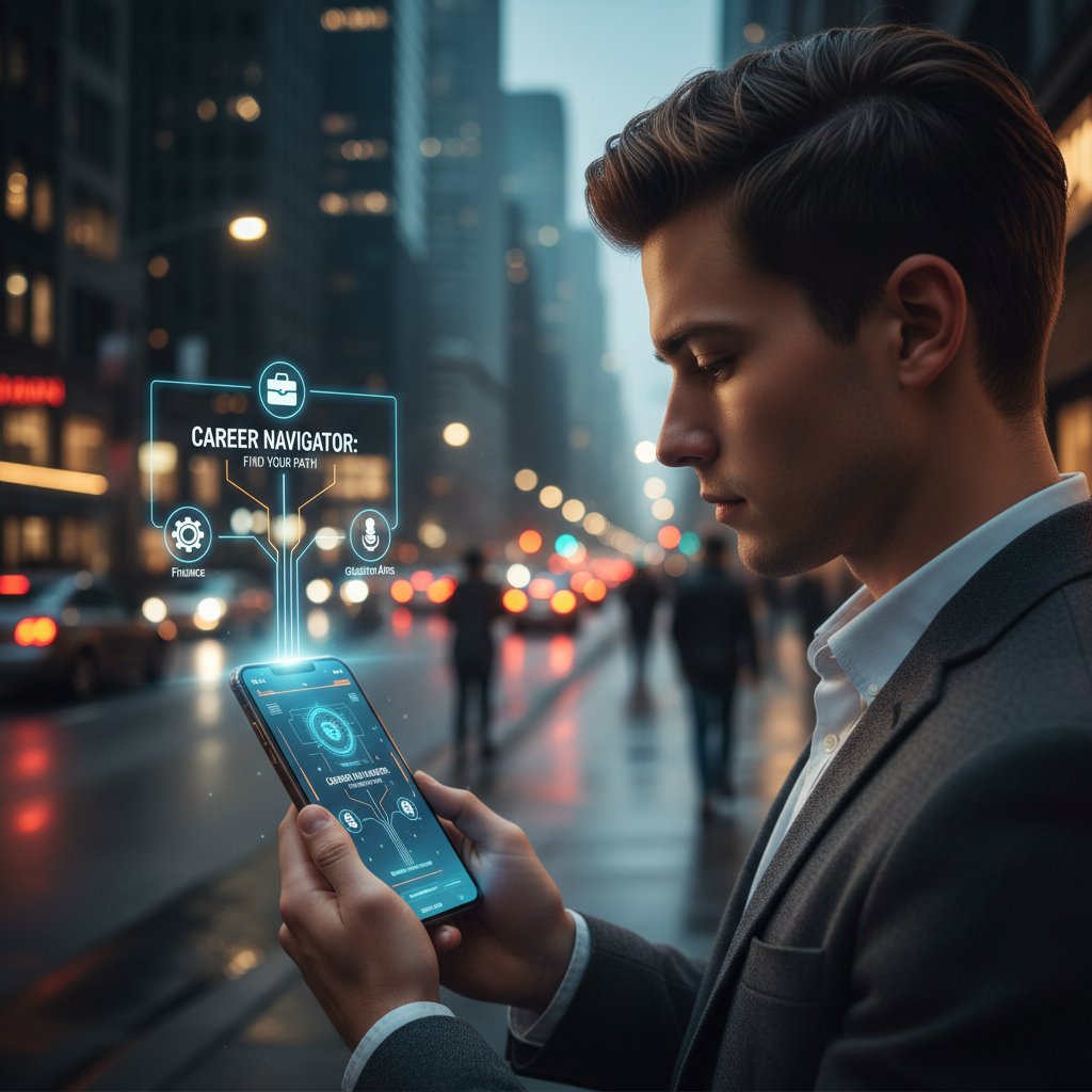 Osoba korzystająca ze smartfona, na ekranie aplikacja do zarządzania karierą, miasto nocą