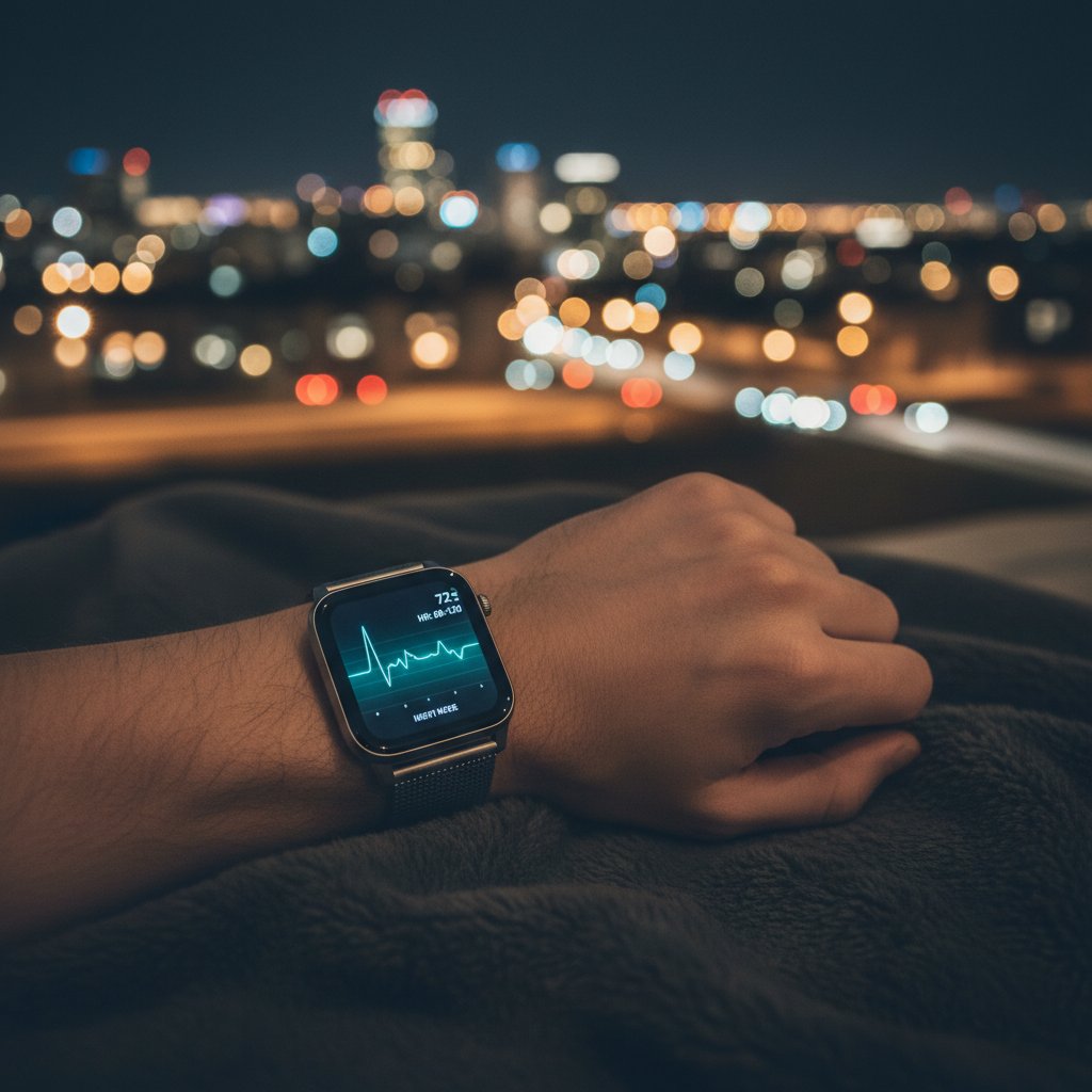 Osoba analizująca wykres tętna na smartwatchu w nocnym świetle