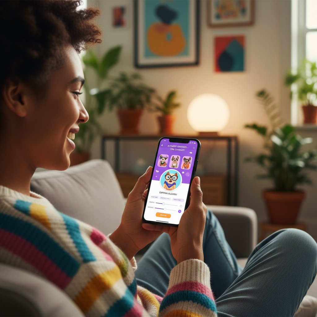 Osoba z uśmiechem tworzy profil pieska AI na smartfonie, kolorowe UI aplikacji