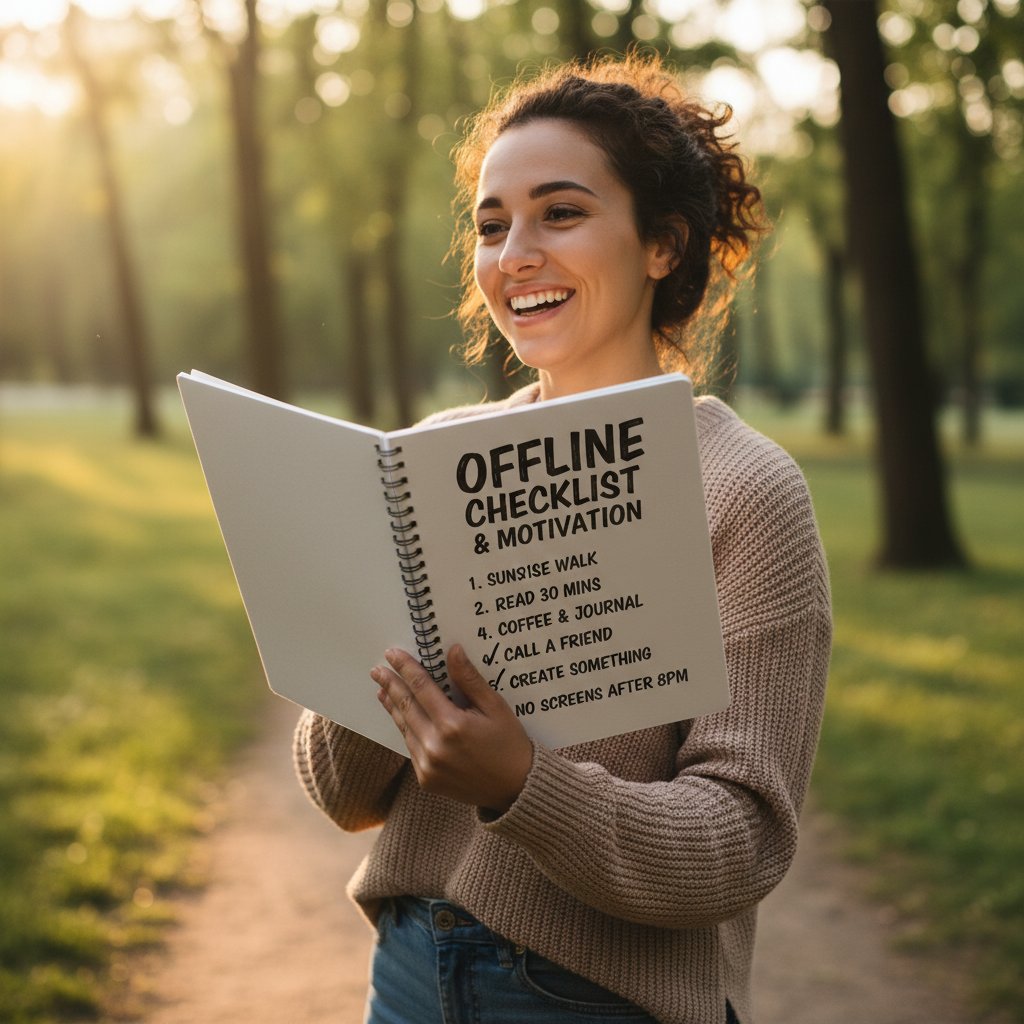 Osoba uśmiechnięta trzymająca notes z checklistą offline, motywacja do wyzwania offline