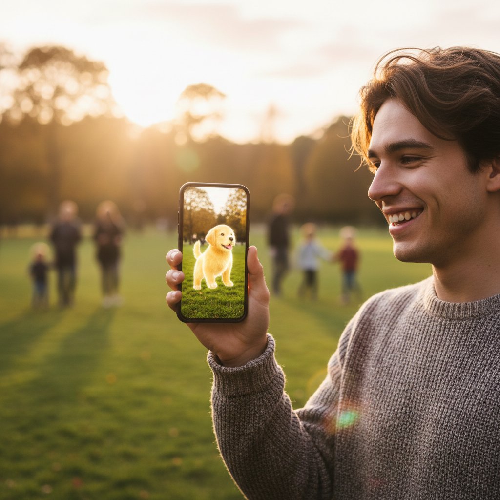Osoba patrząca z uśmiechem na ekran smartfona, na którym widać cyfrowego psa, ciepła atmosfera