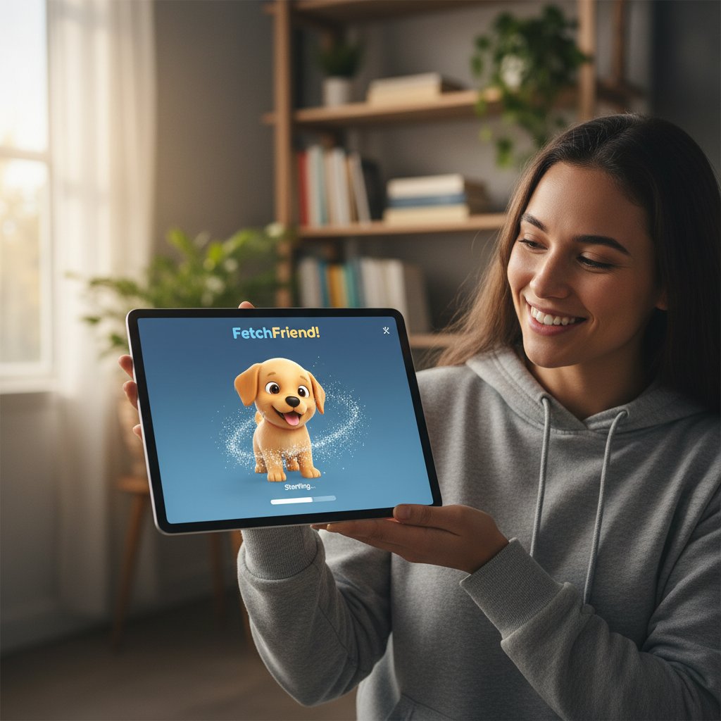 Osoba z uśmiechem na twarzy, rozpoczynająca korzystanie z aplikacji wirtualny piesek na tablecie