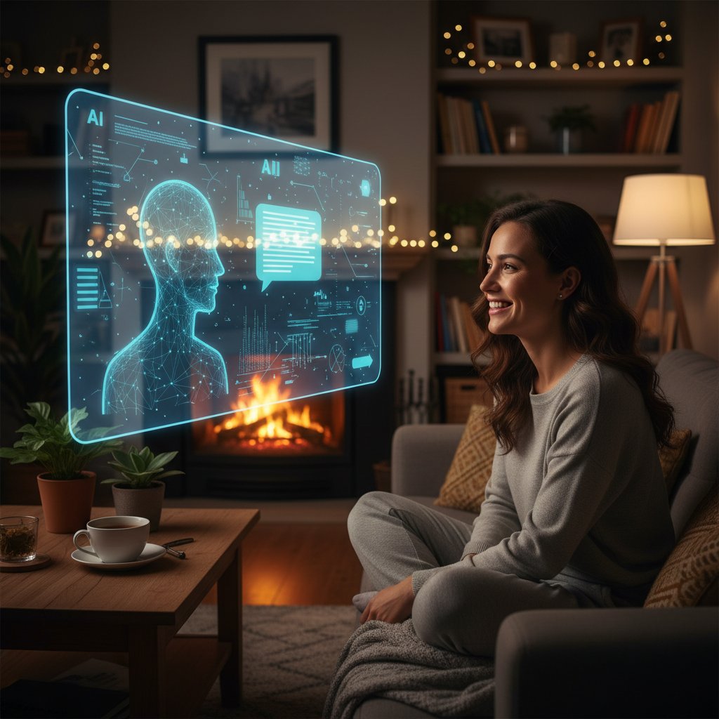 Osoba uśmiechnięta rozmawiająca z ekranem, symulator rozmów AI, domowa atmosfera