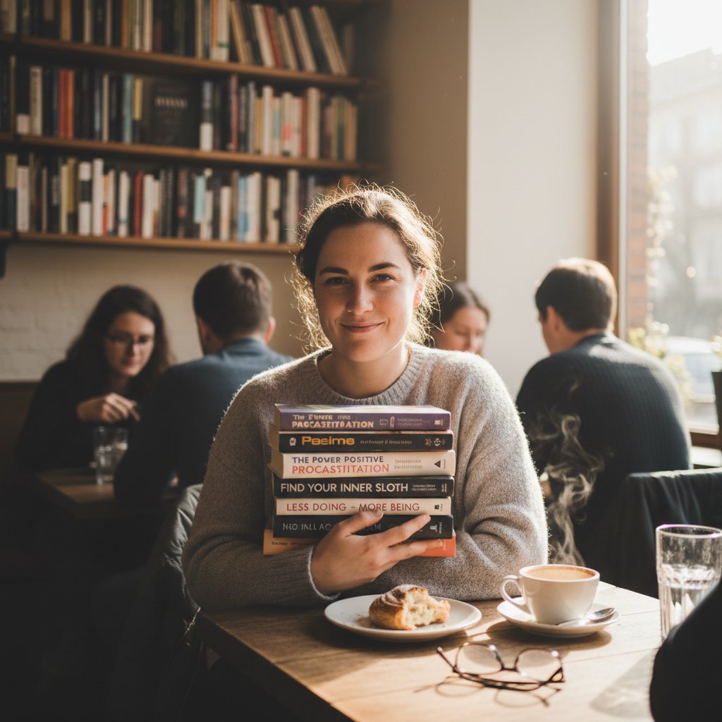 Osoba z ironicznym uśmiechem przegląda stos poradników w kawiarni – motyw: krytyka poradników o poprawie jakości życia