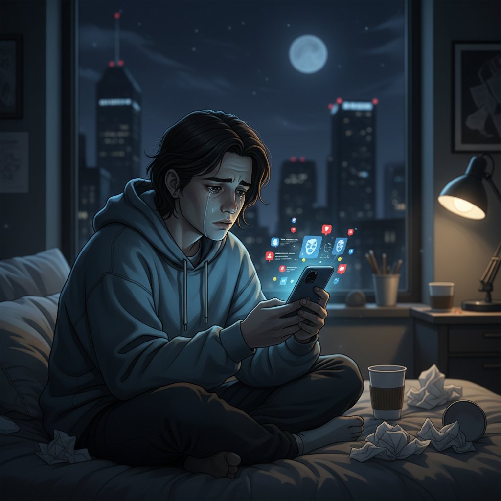 Osoba przeglądająca media społecznościowe z niepokojem – ilustracja wpływu hooveringu w cyfrowym świecie