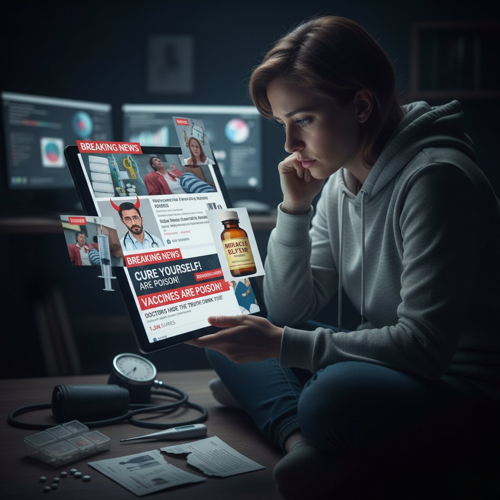 Osoba przeglądająca media społecznościowe na smartfonie, fałszywe newsy medyczne